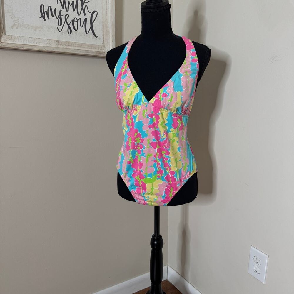 Lilly Pulitzer Vintage Snappy Dragonfly Print Halter Swimsuit Pink Blue Size 12